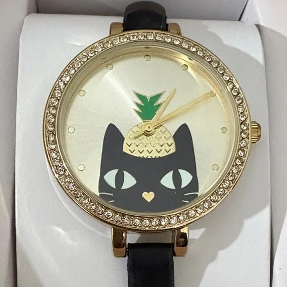 Jessica Carlyle Cute Black Cat Watch with Crystals Allaround Gold Hardware New - Picture 2 of 6